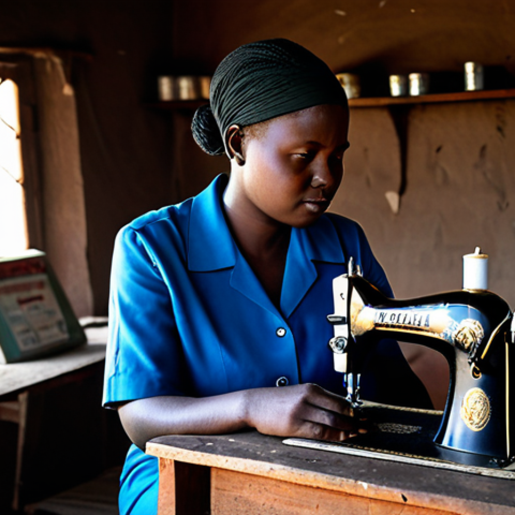 A thoughtful Malawian female tailor, in modest, fully clothed professional work attire, sitting at her wooden sewing machine in her dimly lit small shop. The shop shows signs of a power outage, with a single battery-powered lamp casting soft light on the scene. The sewing machine is idle, symbolizing the challenges faced by small businesses. The setting captures the resilience and quiet determination in Malawi. Professional photography, realistic, high detail, perfect anatomy, correct proportions, natural pose, well-formed hands, proper finger count, natural body proportions, safe for work, appropriate content, fully clothed, modest clothing, family-friendly.
