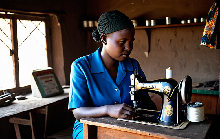 A thoughtful Malawian female tailor, in modest, fully clothed professional work attire, sitting at her wooden sewing machine in her dimly lit small shop. The shop shows signs of a power outage, with a single battery-powered lamp casting soft light on the scene. The sewing machine is idle, symbolizing the challenges faced by small businesses. The setting captures the resilience and quiet determination in Malawi. Professional photography, realistic, high detail, perfect anatomy, correct proportions, natural pose, well-formed hands, proper finger count, natural body proportions, safe for work, appropriate content, fully clothed, modest clothing, family-friendly.