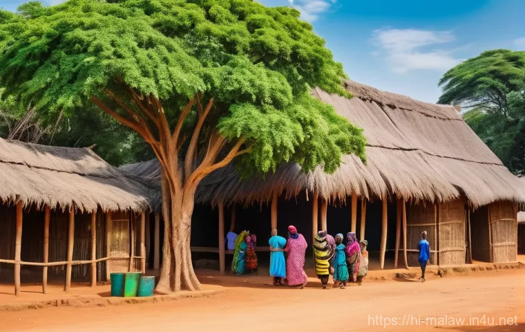말라위에서 종교적 갈등 여부 - **Malawian Village Harmony:** An image depicting a vibrant Malawian village scene under a bright, cl...