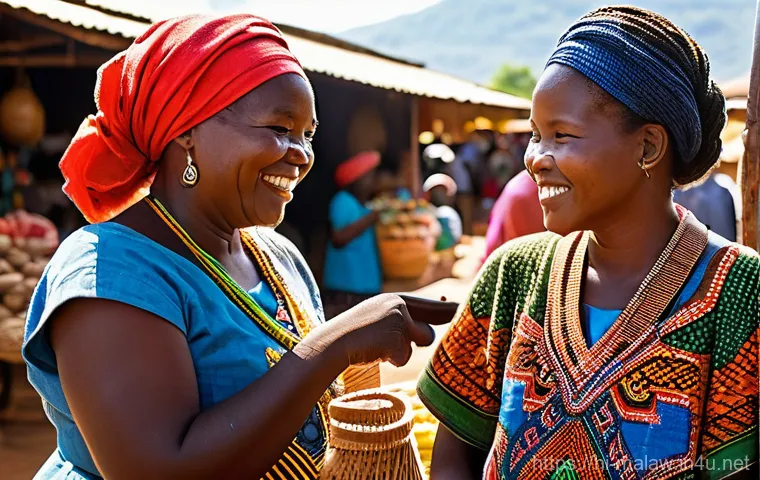 말라위에서 유용한 현지 표현 및 언어 팁 - **Vibrant Malawian Market Bargain**
A bustling outdoor market scene in Malawi. In the foreground...