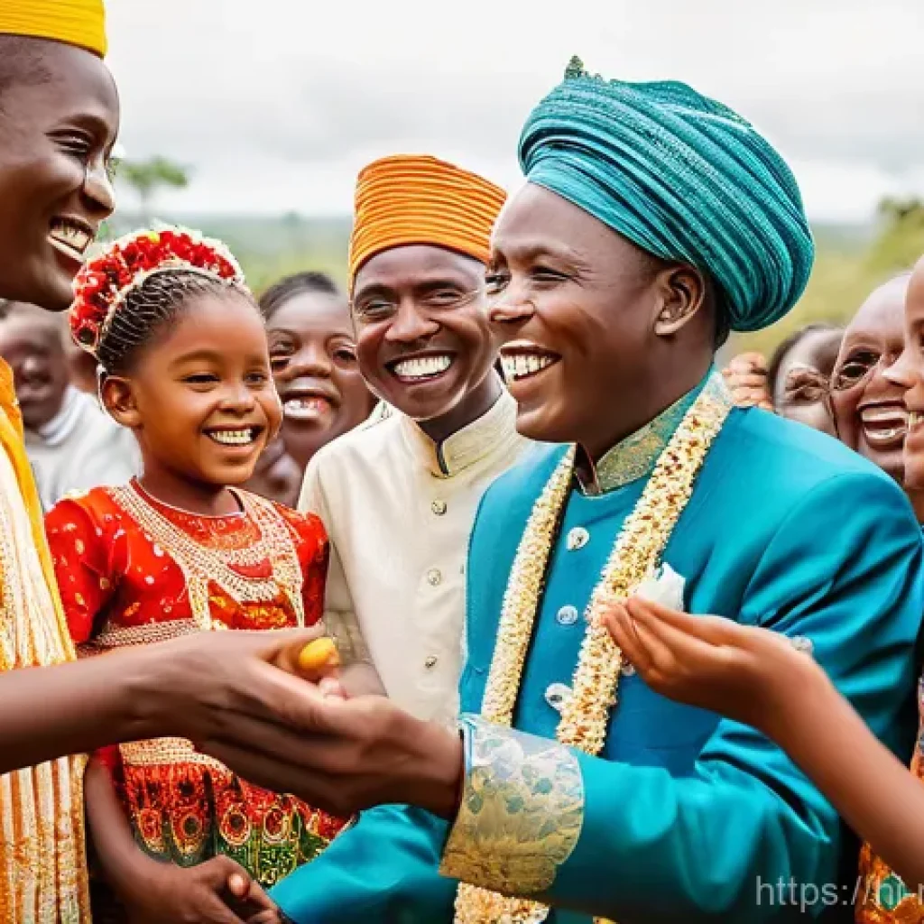 말라위에서 결혼과 가정 문화 - **A vibrant traditional Malawian wedding celebration.** The scene is outdoors, bathed in warm, golde...
