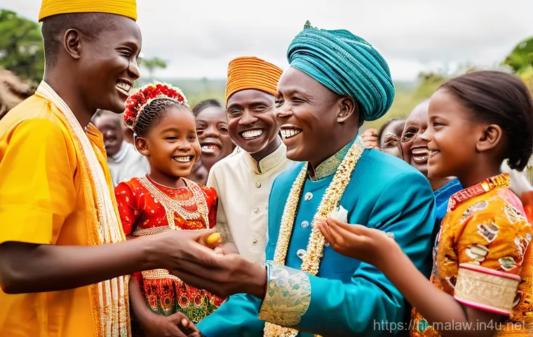 말라위에서 결혼과 가정 문화 - **A vibrant traditional Malawian wedding celebration.** The scene is outdoors, bathed in warm, golde...