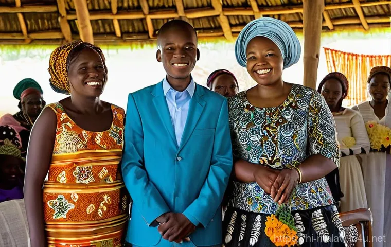 말라위에서 결혼과 가정 문화 - **A vibrant traditional Malawian wedding celebration.** The scene is outdoors, bathed in warm, golde...