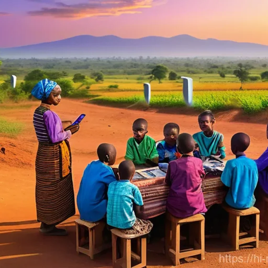 말라위에서의 인터넷 및 통신 환경 - **Prompt:** A vibrant, realistic depiction of a rural Malawian village at sunset. In the foreground,...