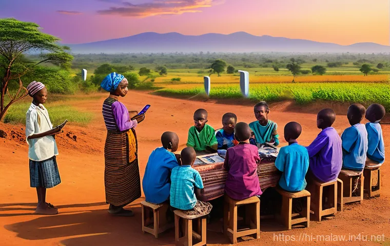말라위에서의 인터넷 및 통신 환경 - **Prompt:** A vibrant, realistic depiction of a rural Malawian village at sunset. In the foreground,...