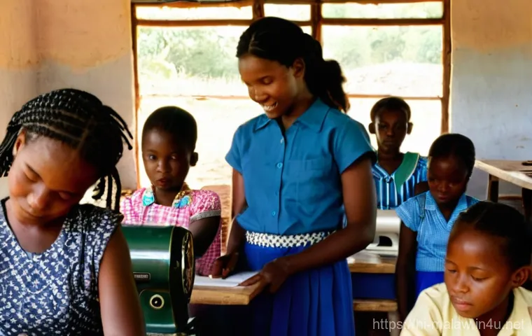 말라위의 빈곤율과 해결책 - **Prompt:** A vibrant and bustling vocational training center in a rural Malawian village, filled wi...