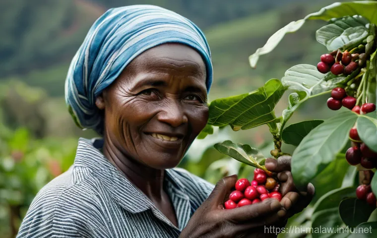 말라위 커피 생산 - **"A close-up, highly detailed shot of a skilled Malawian coffee farmer, a woman of mature age, wear...