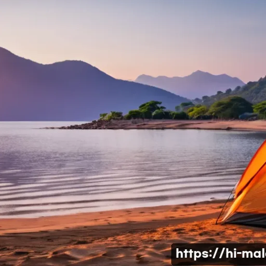 말라위에서 텐트 캠핑하기 - **Serene Sunrise over Lake Malawi Camping:**
A breathtaking wide shot capturing a vibrant sunris...