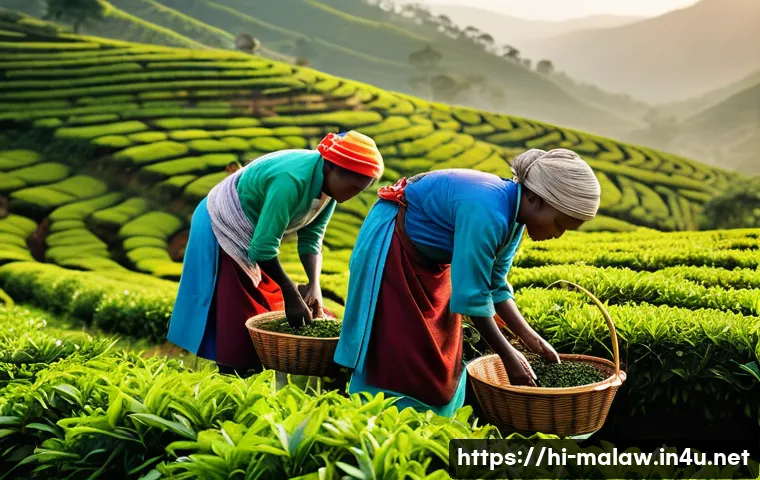말라위 차 Tea 산업 - **Prompt:** A vibrant, cinematic photograph capturing Malawian tea pickers, a mix of men and women, ...