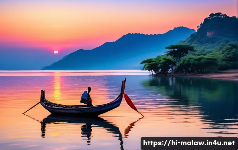 말라위 호수에서 할 수 있는 액티비티 - A serene scene of traditional Malawian wooden boats gently gliding on the calm waters of Lake Malawi...