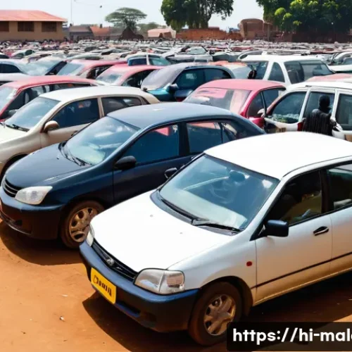 Home 32 말라위에서 중고차 시장 및 가격 비교 - A bustling used car market scene in Malawi featuring a diverse range of second-hand cars including T...
