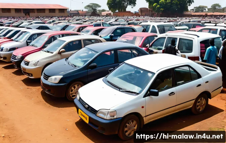 말라위에서 중고차 시장 및 가격 비교 - A bustling used car market scene in Malawi featuring a diverse range of second-hand cars including T...