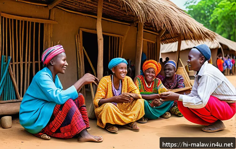 말라위 문학과 작가 - A vibrant Malawian village scene during a traditional festival, showing villagers dressed in colorfu...