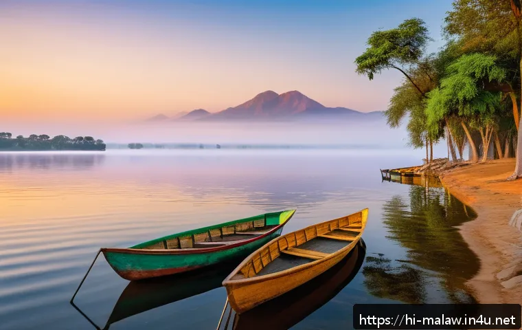 말라위에서 가장 아름다운 일출 일몰 명소 - A serene lakeside scene at Lake Malanje in Malawi during early sunrise, featuring calm water reflect...