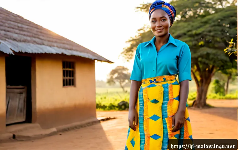 말라위 전통 의상 - Photorealistic full-length portrait of a Malawian woman wearing a vibrant chitenje wrap skirt and ma...