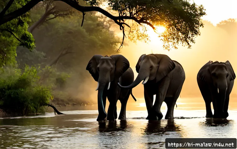 말라위 야생동물 보호구역 - Photorealistic wide-angle sunrise scene in a Malawi wildlife reserve, a small herd of African elepha...