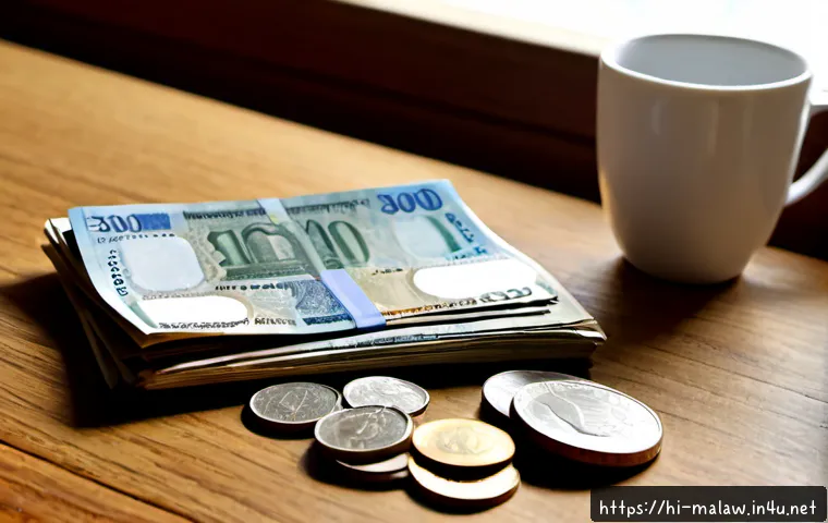 말라위 환율 및 화폐 단위 - Photorealistic close-up of assorted Malawian kwacha banknotes and coins neatly arranged on a clean w...