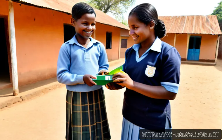 말라위에서의 기부 문화 - Photorealistic community donation scene in rural Malawi, a Hindi-speaking Indian visitor respectfull...