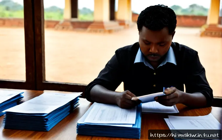 말라위에서의 유명한 정치 스캔들 - Photorealistic investigative journalism scene in Malawi, a serious African reporter examining sealed...